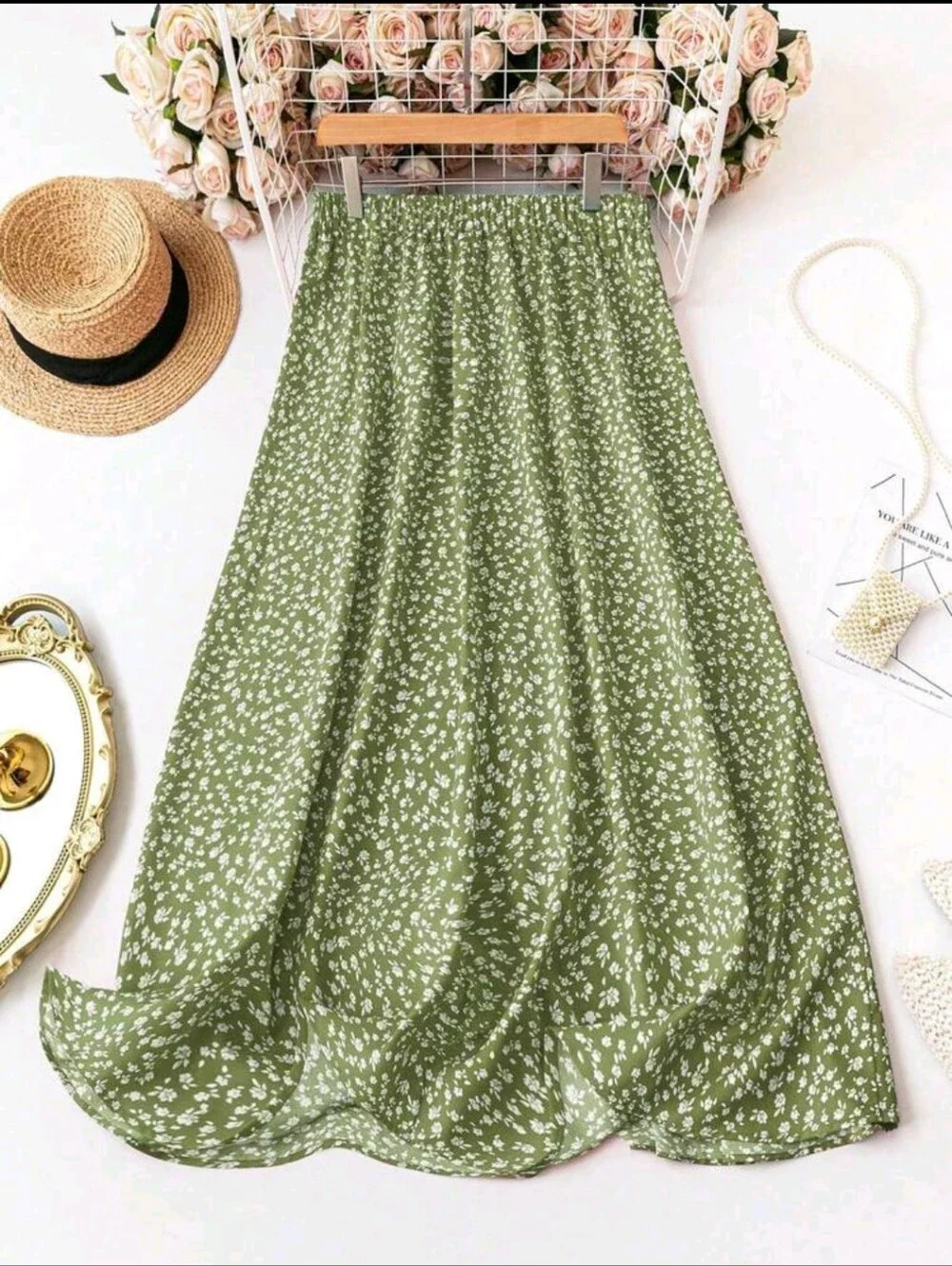 SALE ** BRAND NEW ** Olive Green Floral Button-Front Maxi Skirt